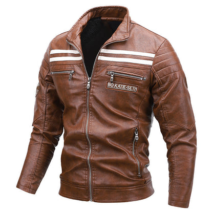 men's Warm leather motorcycle jacket - biker-cut with quilted shoulders and racing stripes, PU leather, for autumn rides