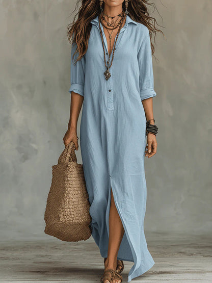 Plush women's flowy maxi dress - long-sleeve lapel-collar, solid, beach vacation