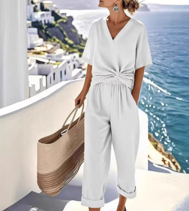 versatile wrap V-neck top, irregular silhouette, polyester, office wear – Light women's two-piece set