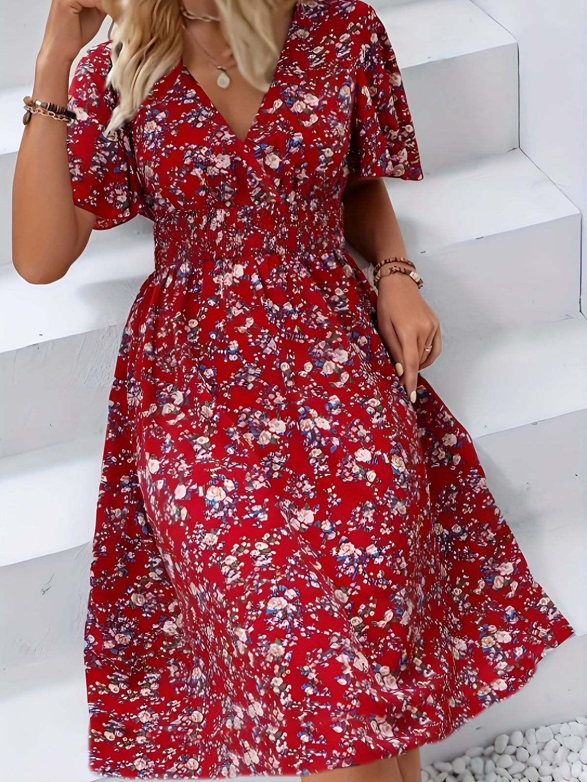 Feminine Boho Summer Dress with V-Neck and Flutter Sleeves, Lightweight Breathable Fabric, Available in Black and Red-2