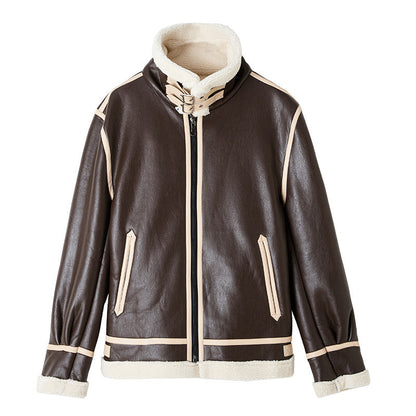 Unisex Warm Jacket - Shearling-Lined Faux Leather, Biker Style, Zip Front, For Winter Wear