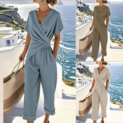 versatile wrap V-neck top, irregular silhouette, polyester, office wear – Light women's two-piece set