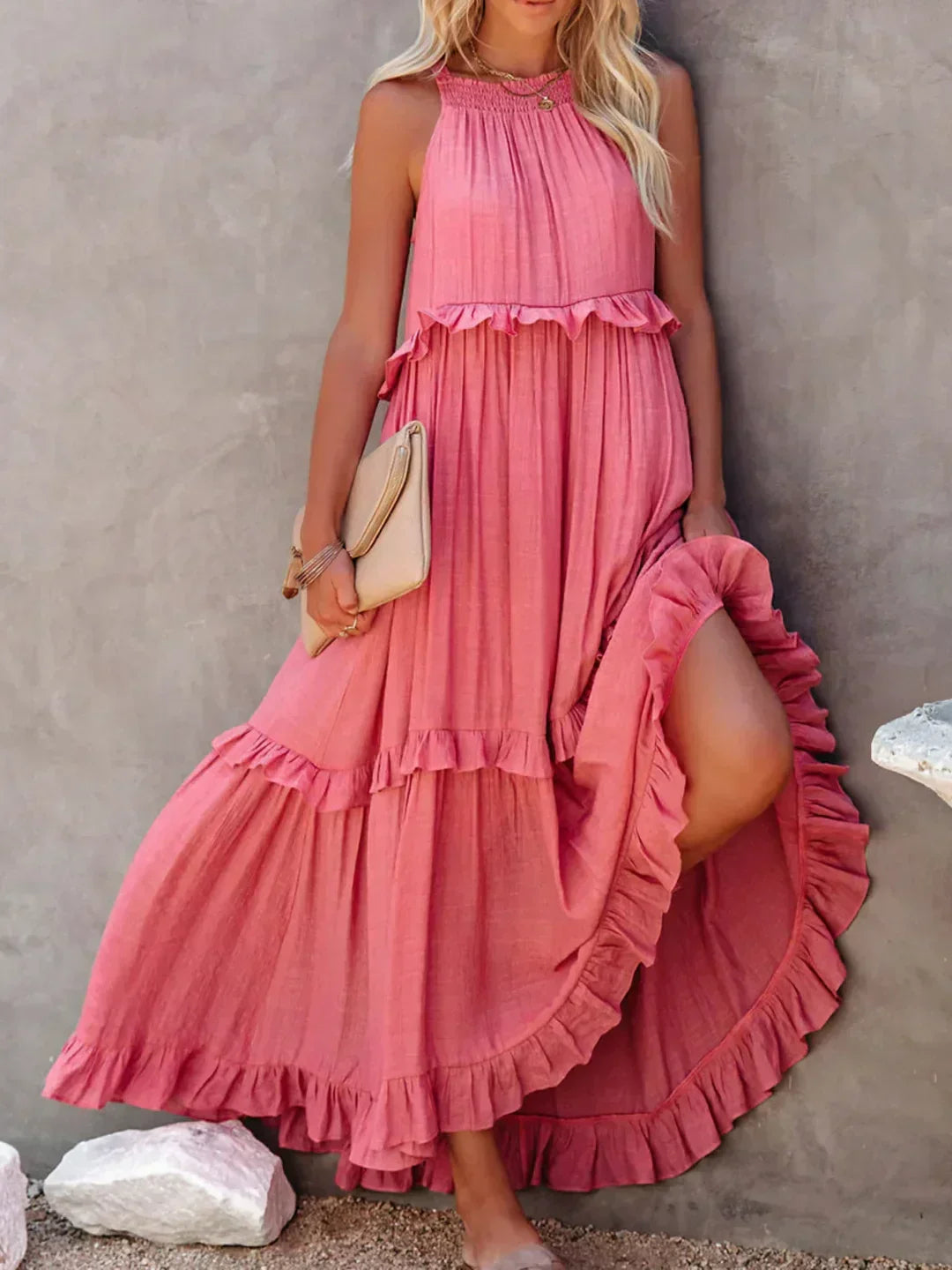 Elegant Halter Ruffle Floral Maxi Dress for Women, Lightweight Bohemian Long Dress, Flowing Fit-6