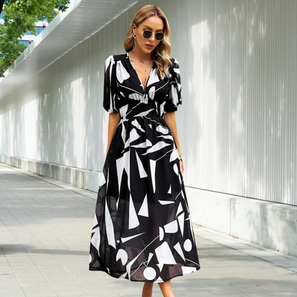 Floral Summer Dress for Women with Puffed Sleeves and V-Neck - Perfect Wedding Guest Dress-2