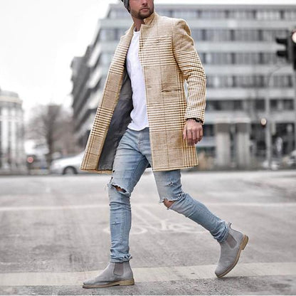 Men's Warm Midlength Coat - Standup Collar, Plaid Polyester