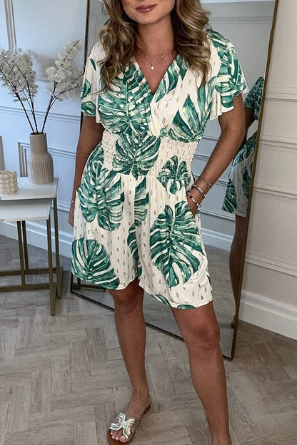 Leafy Print Women's Romper with Smocked Waist, Casual Jumpsuit for Summer Outings and Beach Wear-1