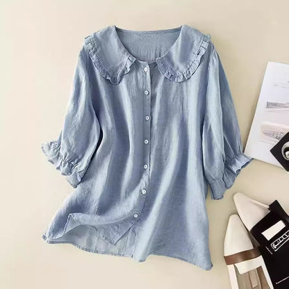 Plush women's shirt - Claudine collar, half-sleeve, relaxed fit, casual everyday wear with denim