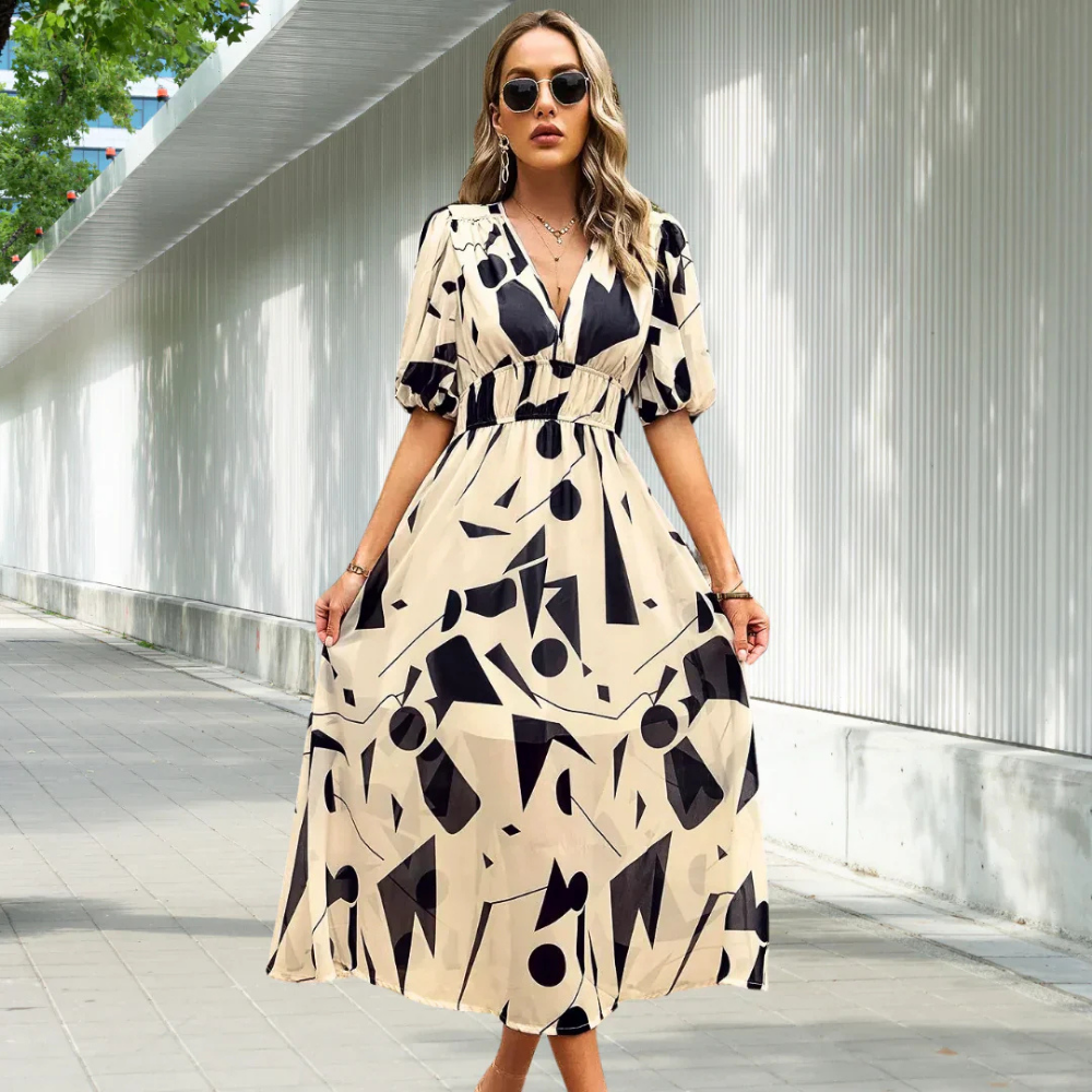 Floral Summer Dress for Women with Puffed Sleeves and V-Neck - Perfect Wedding Guest Dress-3