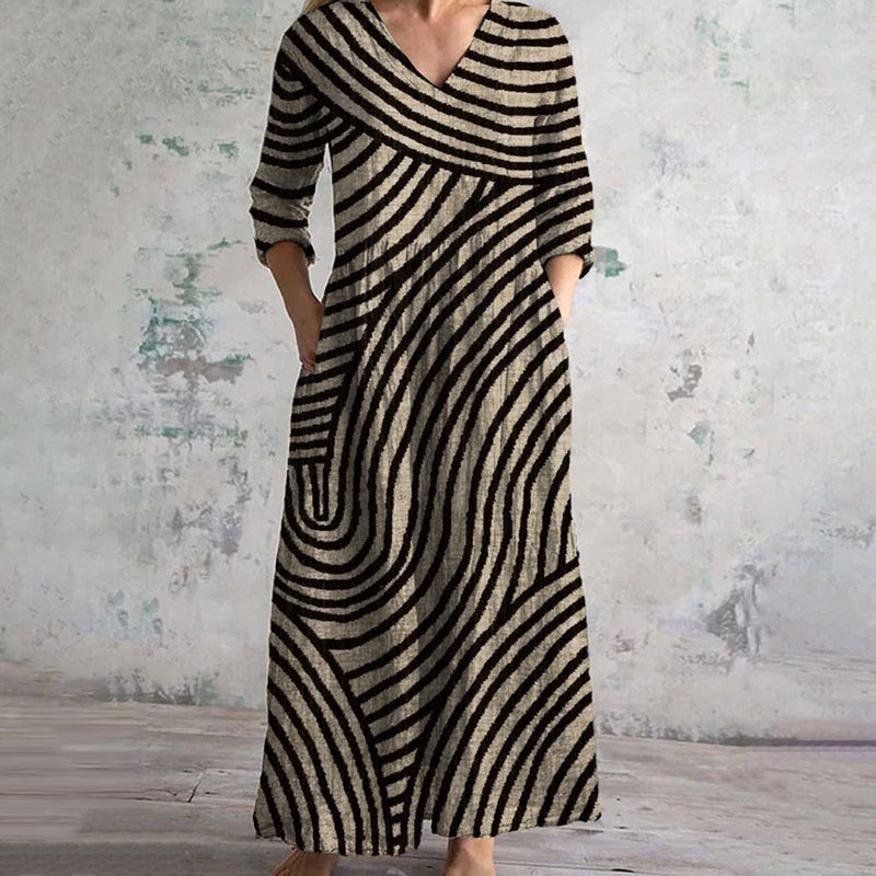 Vintage Stripe Dress with V-Neck, Ankle-Length, Functional Pockets, Lightweight Fabric-2