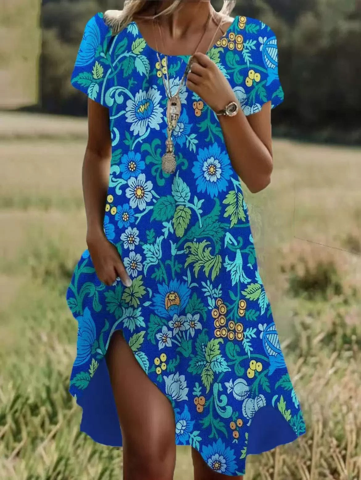 Plush women's dress - scoop neck, flowy mid-length silhouette, geometric print, casual everyday wear