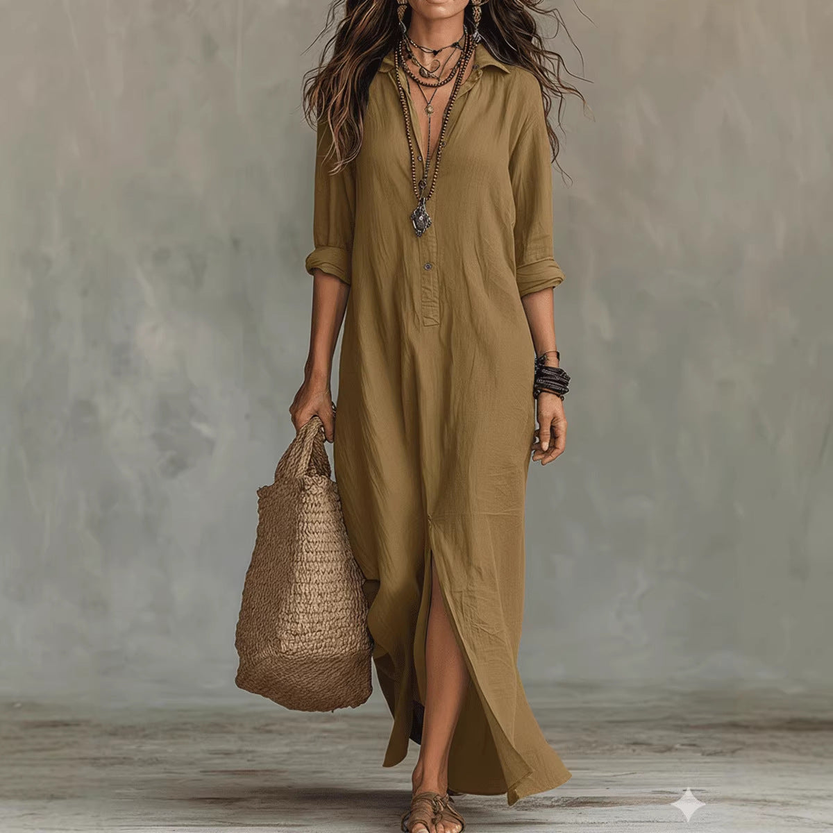 Plush women's flowy maxi dress - long-sleeve lapel-collar, solid, beach vacation