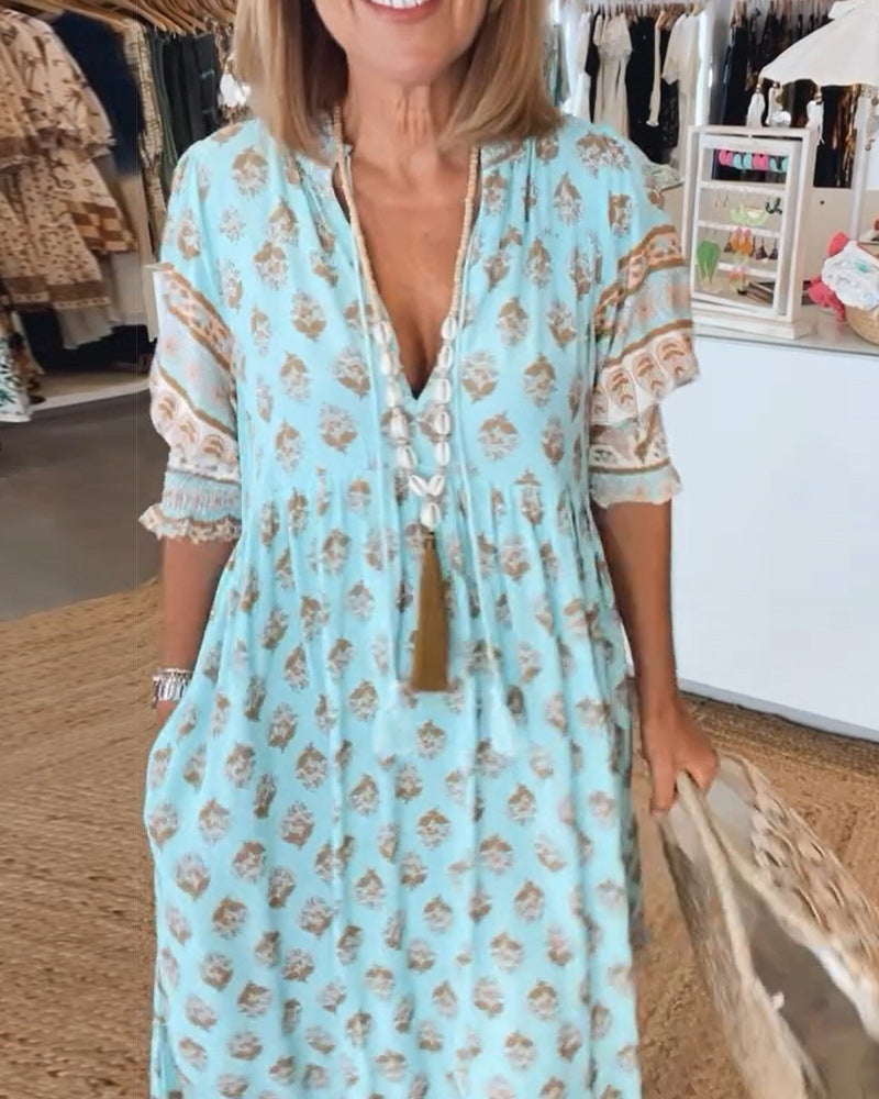 Printed V-Neck Women's Dress in Lightweight Fabric, Flattering Silhouette for Summer Outings and Everyday Wear-4