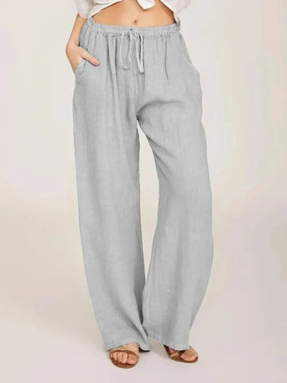 Casual Women's Wide Leg Pants, Loose-Fit Cotton Trousers with Drawstring Waist and Pockets, Lightweight Summer Style-4