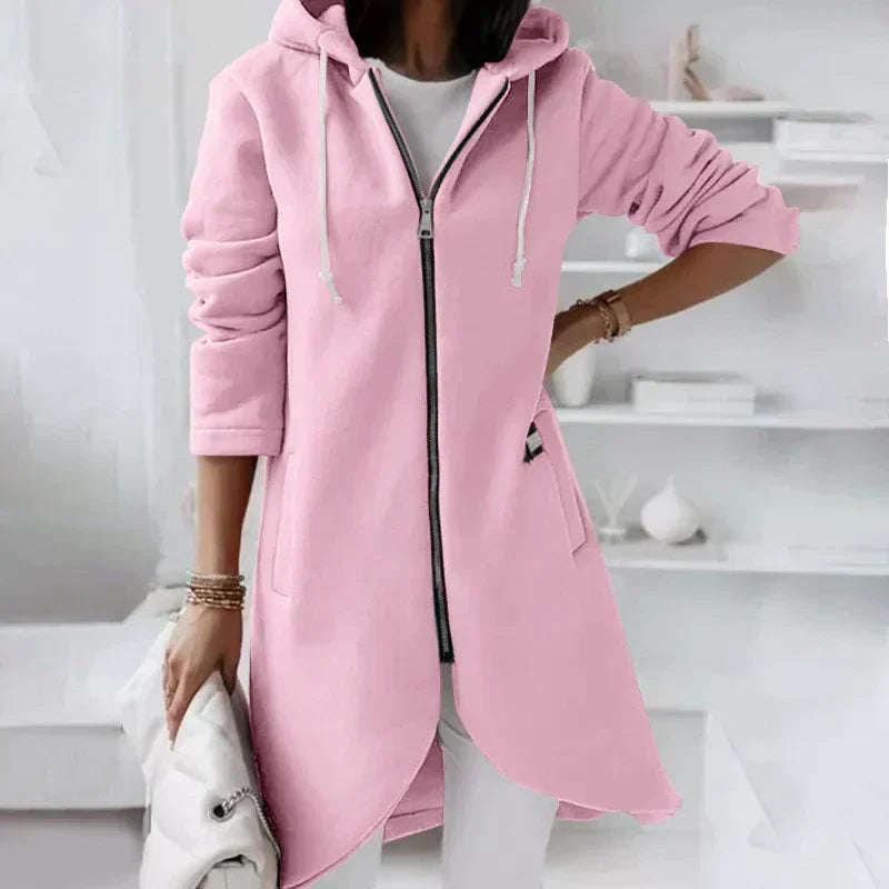 Relaxed Warm Women's Long Hoodie - Zip Front, Knit, Autumn
