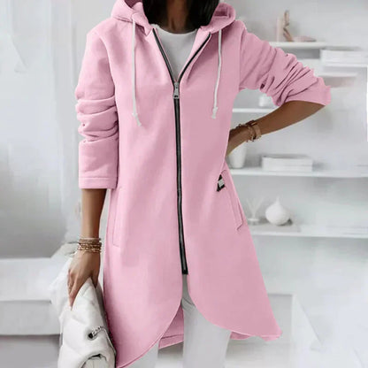Relaxed Warm Women's Long Hoodie - Zip Front, Knit, Autumn