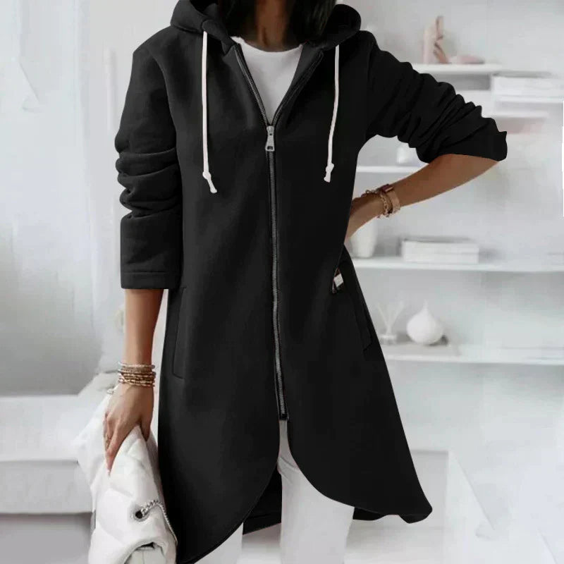 Relaxed Warm Women's Long Hoodie - Zip Front, Knit, Autumn