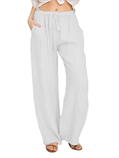 Casual Women's Wide Leg Pants, Loose-Fit Cotton Trousers with Drawstring Waist and Pockets, Lightweight Summer Style-6