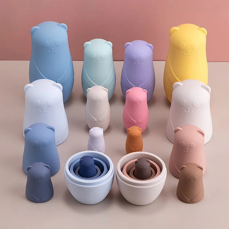 BPA-Free Silicone Stacking Blocks Nesting Doll Toy Kit for Educational Play and Motor Skill Development