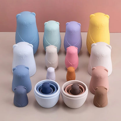 BPA-Free Silicone Stacking Blocks Nesting Doll Toy Kit for Educational Play and Motor Skill Development