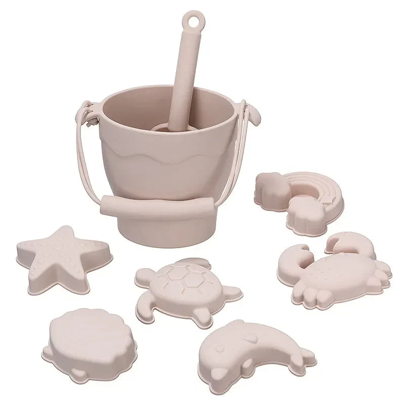 Silicone Beach Toy Kit 8Pc Bucket And Molds Kids Sand Play Summer 2025 Flexible Simple Clean Safe Gift