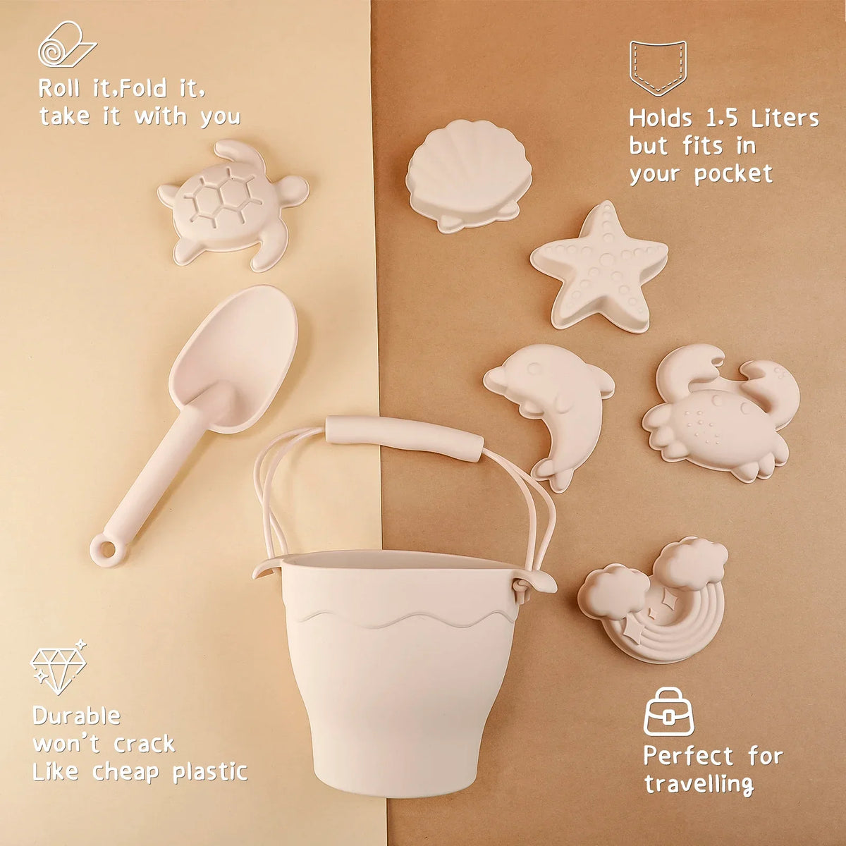 Silicone Beach Toy Kit 8Pc Bucket And Molds Kids Sand Play Summer 2025 Flexible Simple Clean Safe Gift