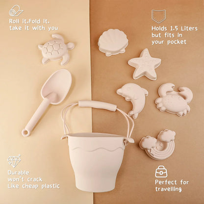 Silicone Beach Toy Kit 8Pc Bucket And Molds Kids Sand Play Summer 2025 Flexible Simple Clean Safe Gift