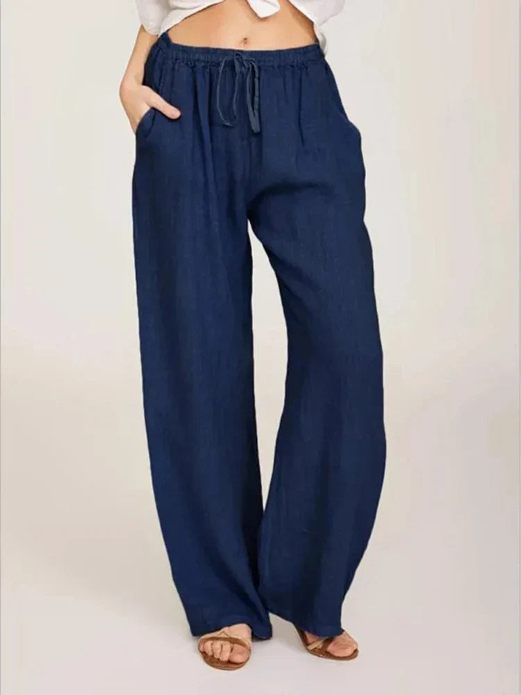 Variant image for Casual Women's Wide Leg Pants, Loose-Fit Cotton Trousers with Drawstring Waist and Pockets, Lightweight Summer Style-27
