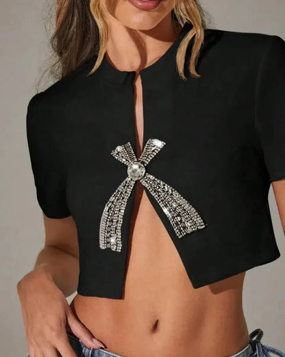 Rhinestone Women's T Shirt with Low Neckline, Slim Fit White Crop Top for Women, Short Length and Medium-Stretch Fabric-6