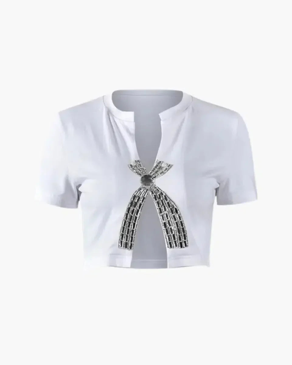 Rhinestone Women's T Shirt with Low Neckline, Slim Fit White Crop Top for Women, Short Length and Medium-Stretch Fabric-1