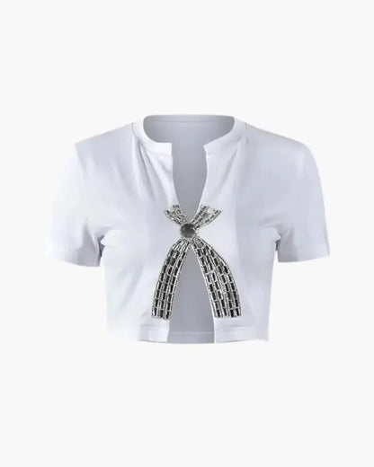 Variant image for Rhinestone Women's T Shirt with Low Neckline, Slim Fit White Crop Top for Women, Short Length and Medium-Stretch Fabric-1