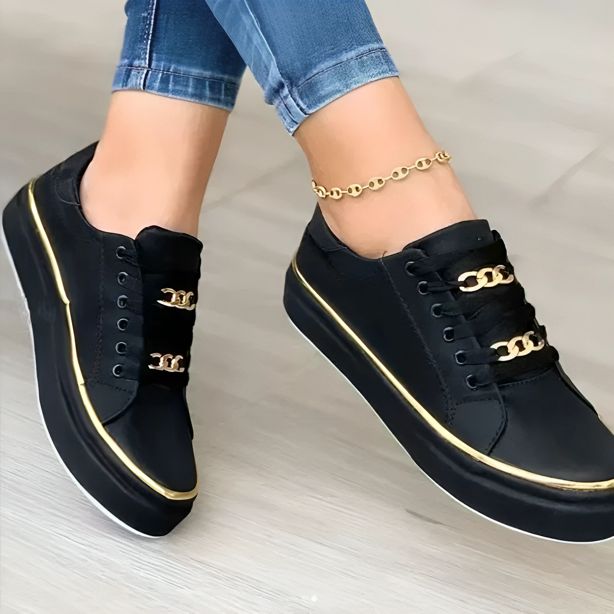 Variant image for Trendy Black Low-Top Sneakers with Gold Accents for All-Day Comfort and Durable PU Leather Construction-1