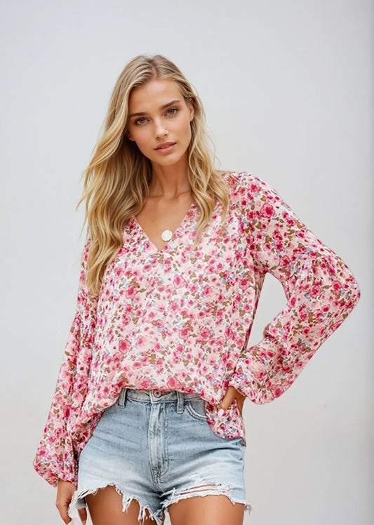 Floral Print White Blouse for Women, Lightweight Summer Top, Plus Size Casual Loose Fit in Green, Purple, Pink-1
