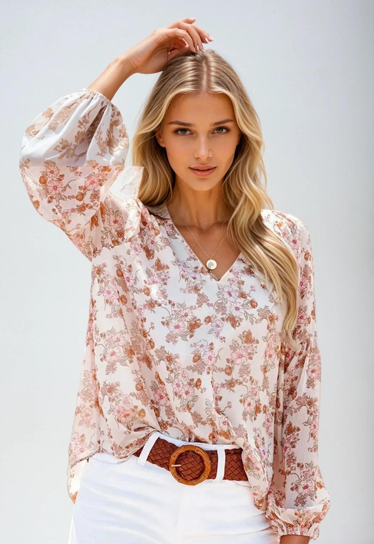 Floral Print White Blouse for Women, Lightweight Summer Top, Plus Size Casual Loose Fit in Green, Purple, Pink-2