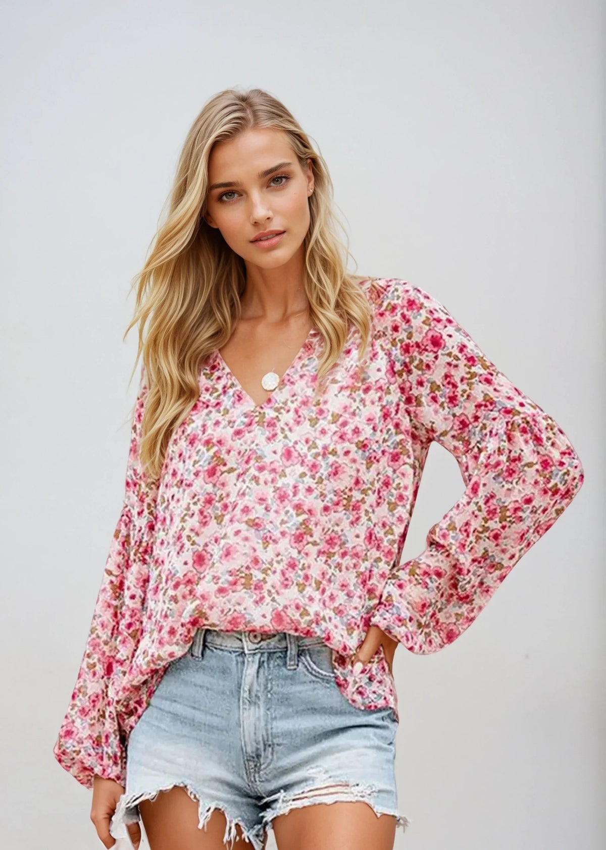 Variant image for Floral Print White Blouse for Women, Lightweight Summer Top, Plus Size Casual Loose Fit in Green, Purple, Pink-4
