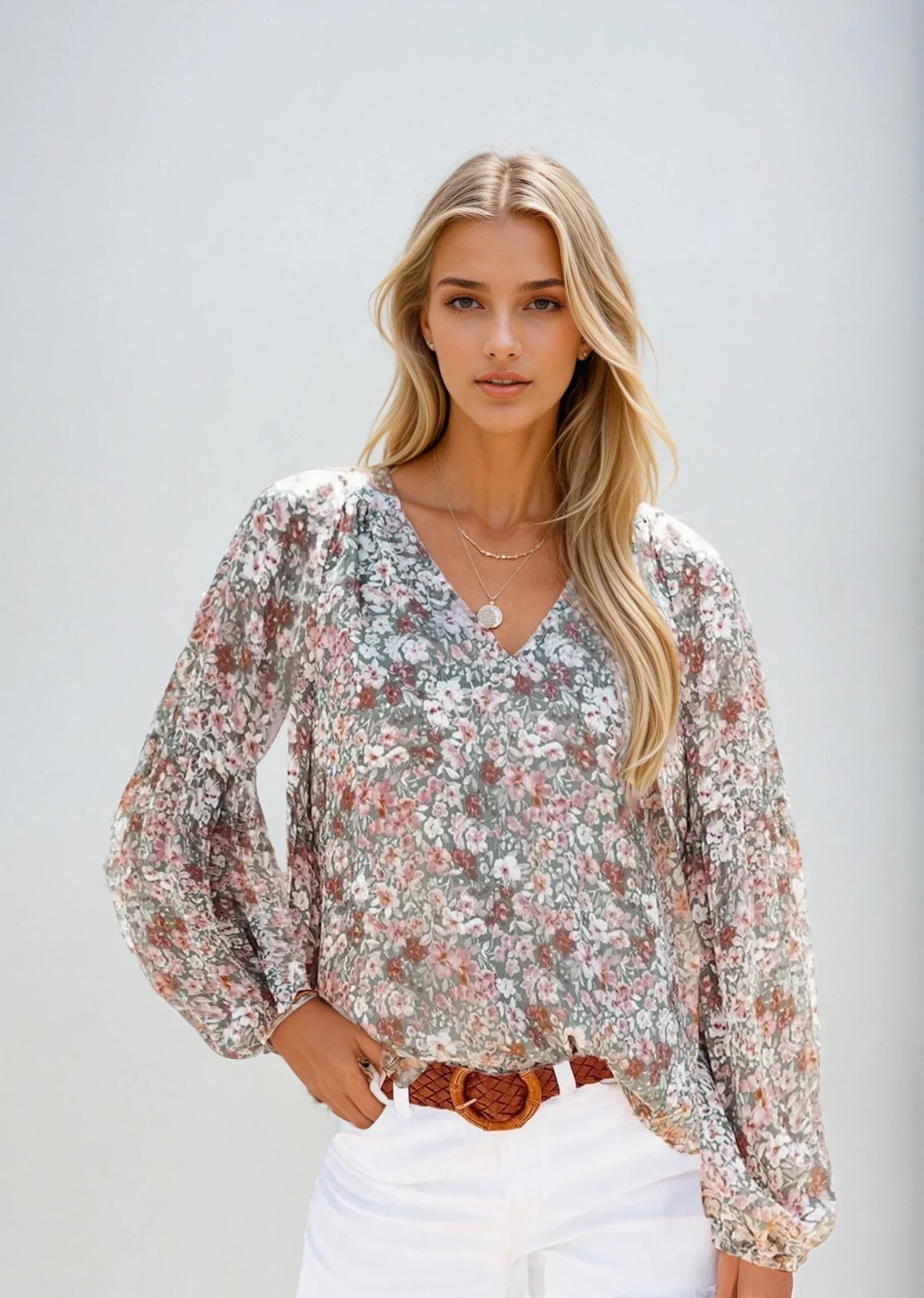 Floral Print White Blouse for Women, Lightweight Summer Top, Plus Size Casual Loose Fit in Green, Purple, Pink-5