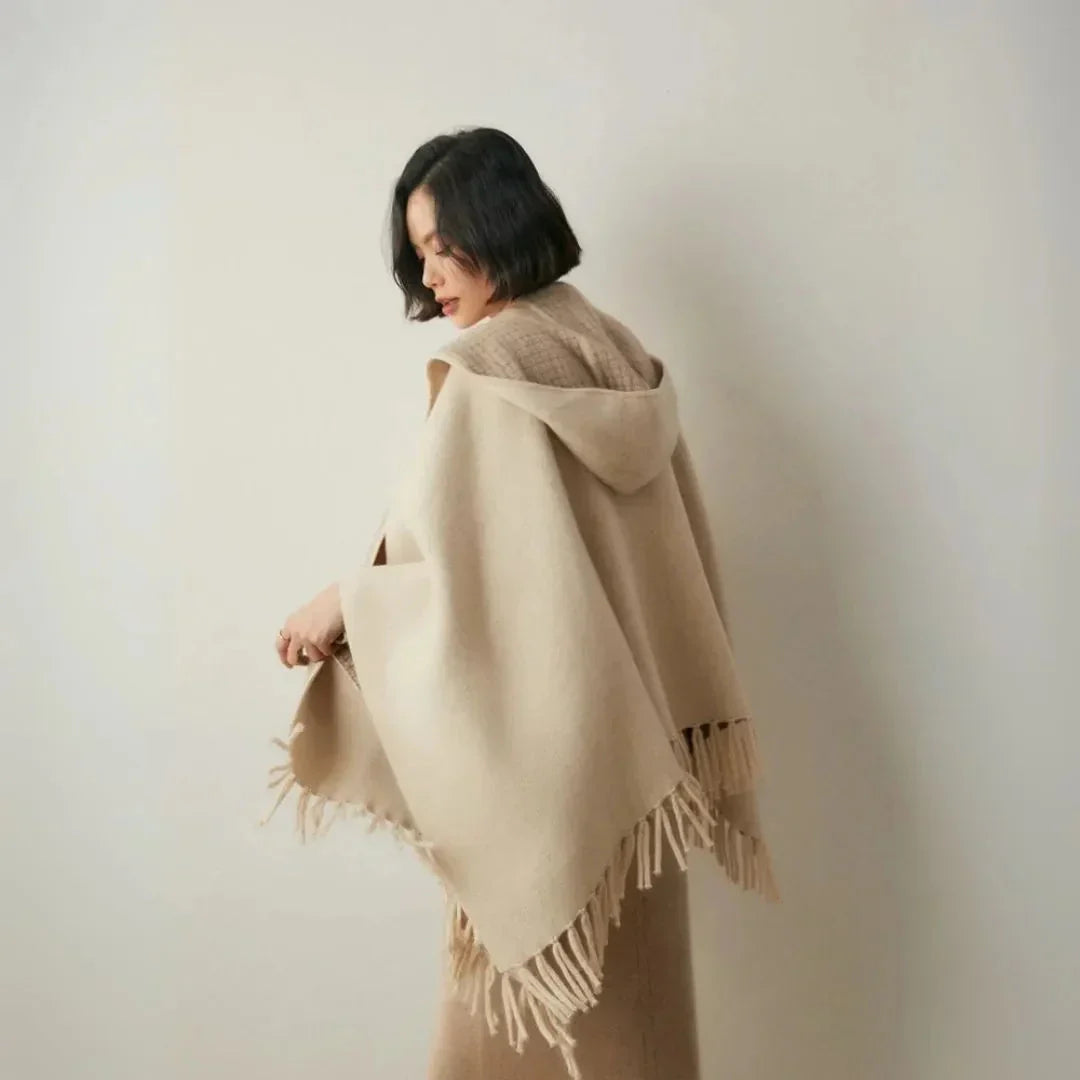 Light Cozy Women's Poncho - Hooded Draped, Cashmere