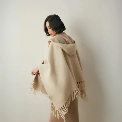 Light Cozy Women's Poncho - Hooded Draped, Cashmere