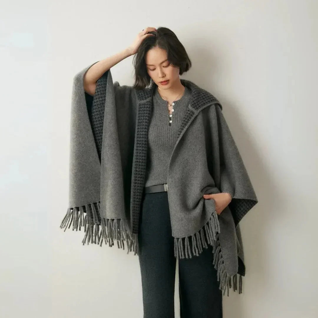 Light Cozy Women's Poncho - Hooded Draped, Cashmere