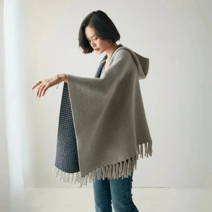 Light Cozy Women's Poncho - Hooded Draped, Cashmere