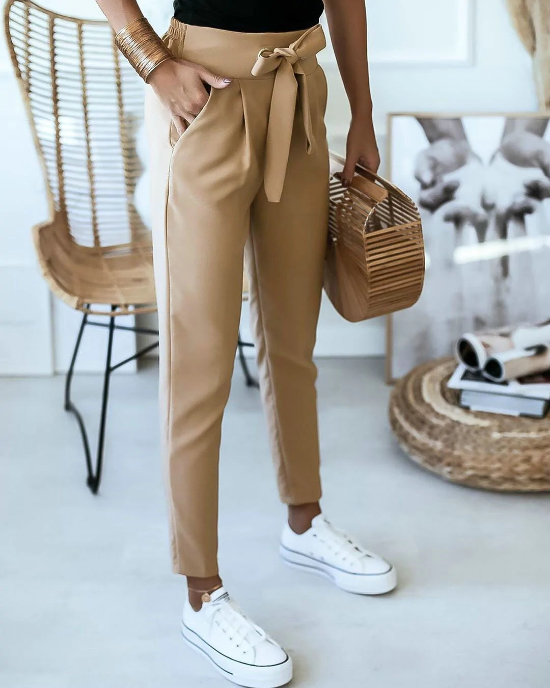 Bequeme Damen Stoffhose – hohe Taille, elastisches Polyester, für Freizeit und Büro 3