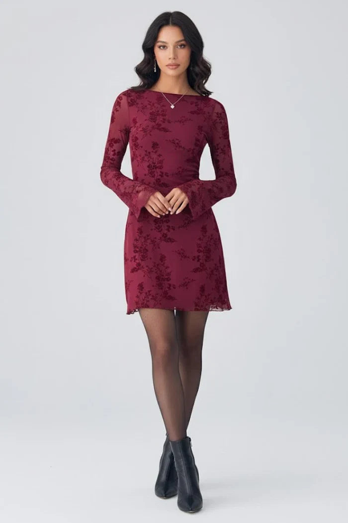 high waist, long-sleeve textured pattern, polyester, for party – Fitted women's dress