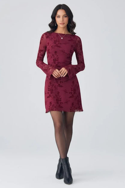 high waist, long-sleeve textured pattern, polyester, for party – Fitted women's dress