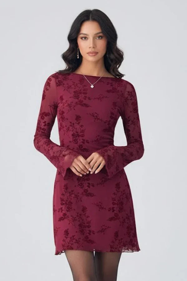 high waist, long-sleeve textured pattern, polyester, for party – Fitted women's dress