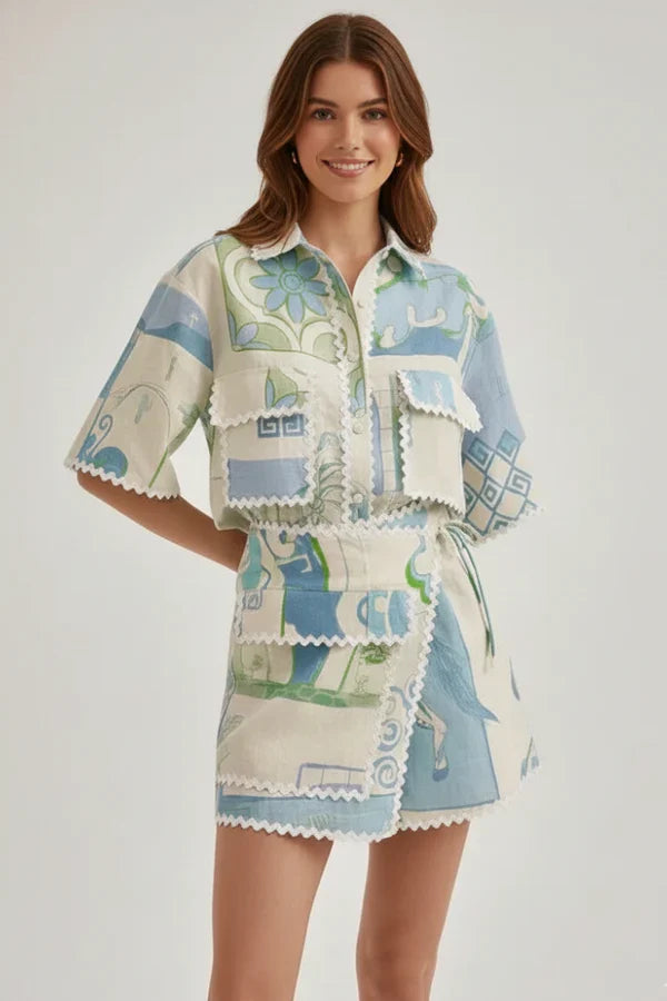 patchwork top and shorts, polyester, for casual wear – Plush women's floral-print lace set