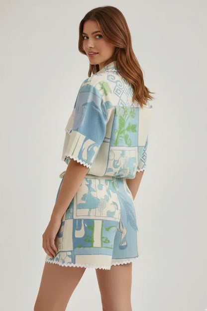 patchwork top and shorts, polyester, for casual wear – Plush women's floral-print lace set