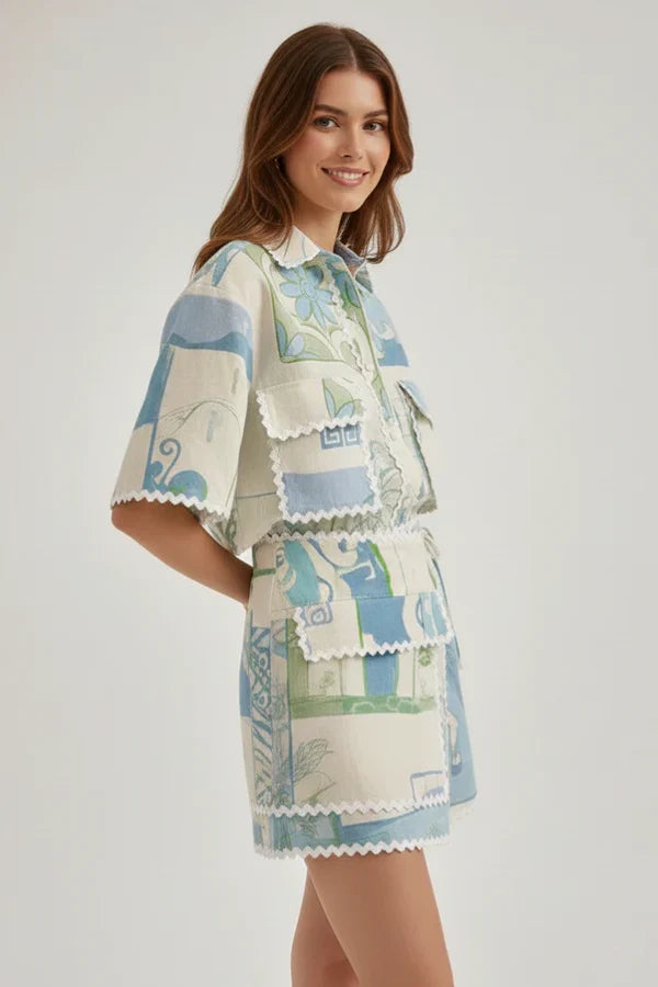 patchwork top and shorts, polyester, for casual wear – Plush women's floral-print lace set