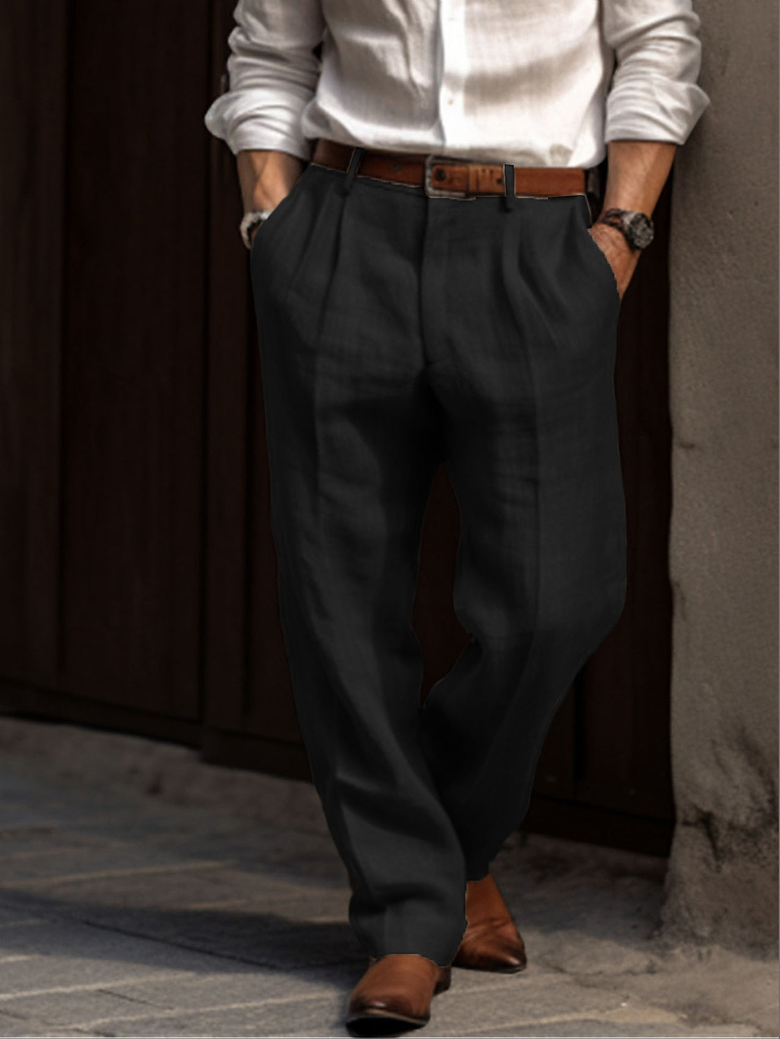 Breathable men's pleated linen trousers – classic design, linen-cotton blend, for casual and formal occasions 3