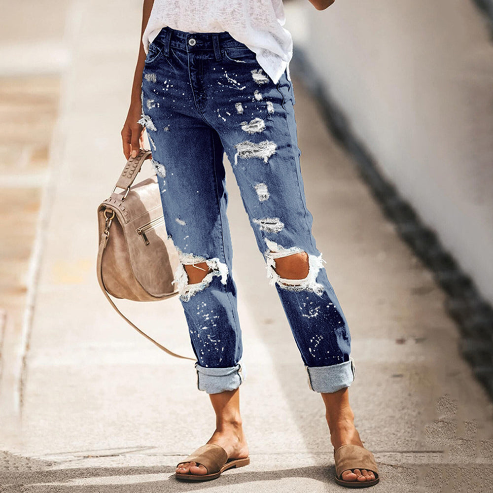 Breathable women's distressed jeans – ripped design, cotton blend, for casual outings 0