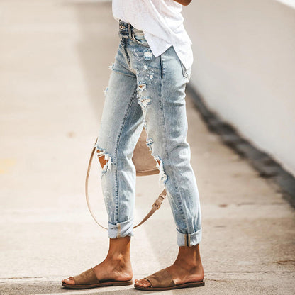 Breathable women's distressed jeans – ripped design, cotton blend, for casual outings 2