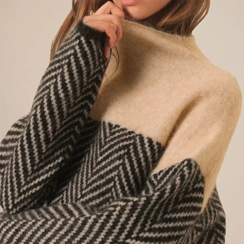 Women’s Warm Herringbone Knit Sweater - Stand Collar, Casual